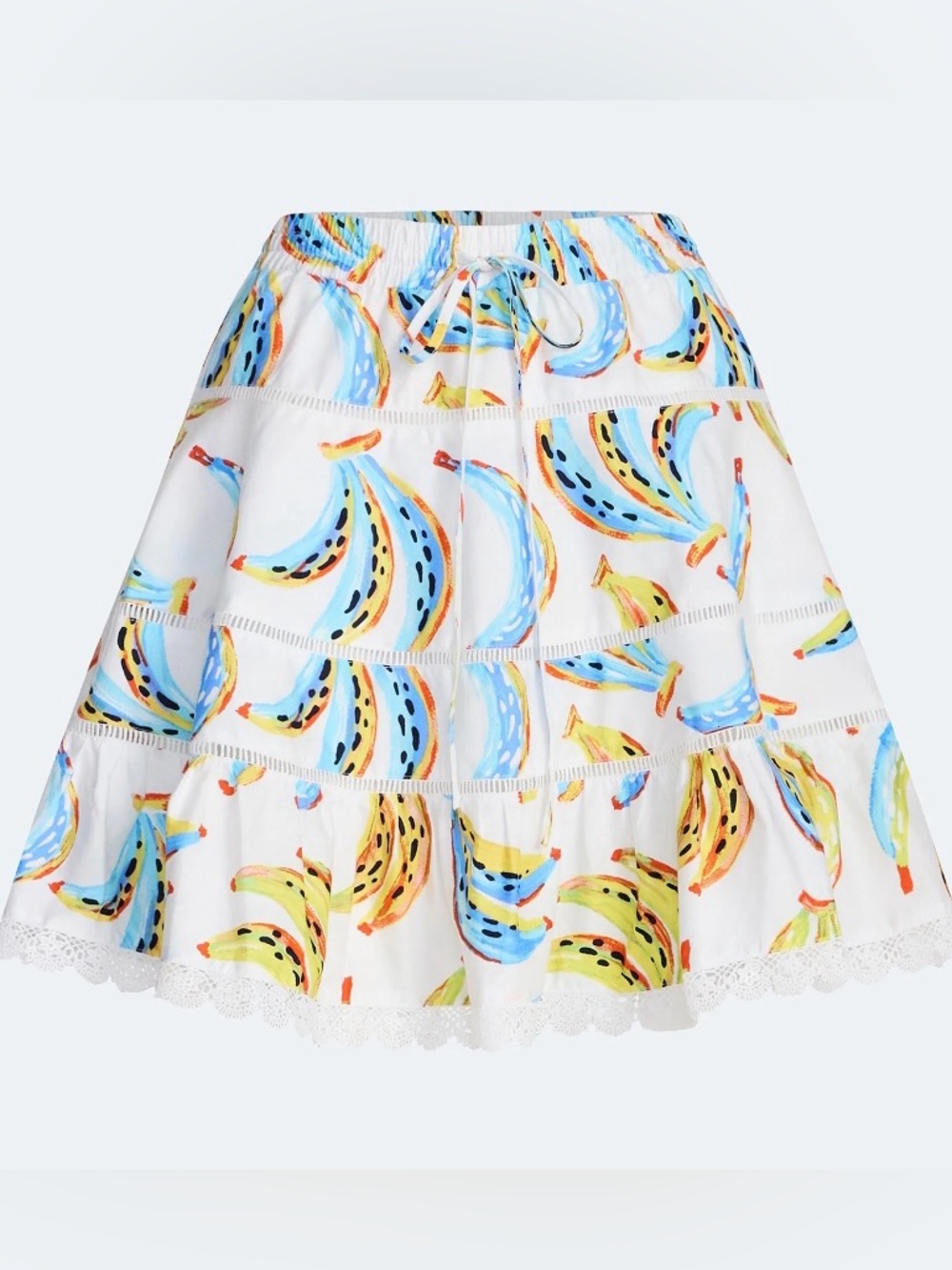 NWT Free Assembly Banana Print Tiered Mini Skirt XS 0-2 Cotton Lace Trim